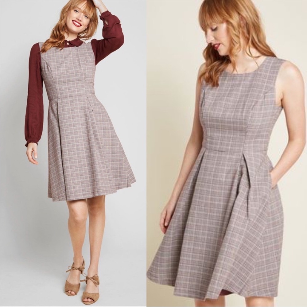 MODCLOTH Touch of Structure Plaid Vintage Inspired Pockets Maroon Midi Dress